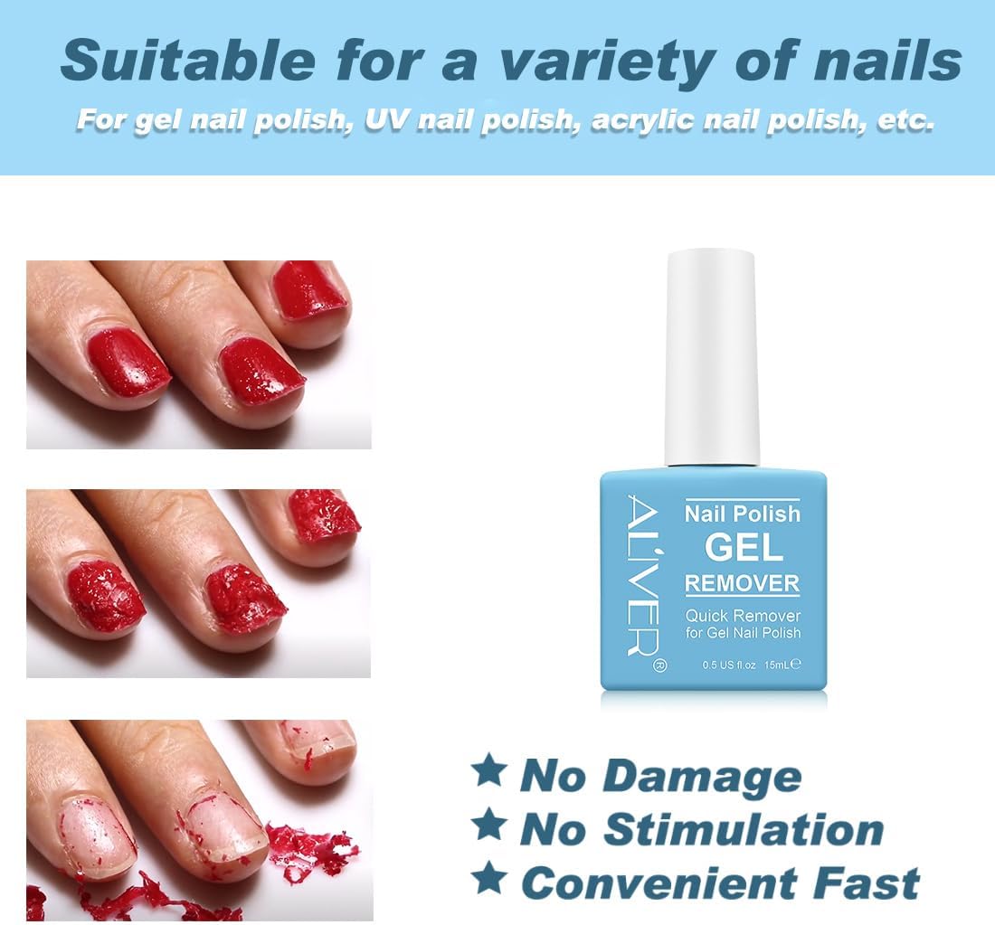 Gel Nail Polish Remover 15 Ml, Peel off in 3-5 Min, Easy Quick Remove Gel Nail, Acrylic & UV Nail, Without Foil Soak or Wrap, Do Not Hurt Nails, with Nail File, Cuticle Pusher and Nail Polish Scraper