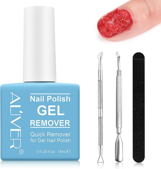 Gel Nail Polish Remover 15 Ml, Peel off in 3-5 Min, Easy Quick Remove Gel Nail, Acrylic & UV Nail, Without Foil Soak or Wrap, Do Not Hurt Nails, with Nail File, Cuticle Pusher and Nail Polish Scraper